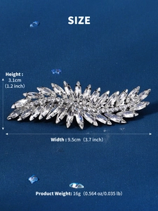 Detailed dimensions of the silver rhinestone leaf hair clip with exact size measurements