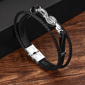 Men's hip-hop multilayer leather bracelet with treble clef and infinity stainless steel charms