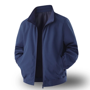 Men's navy blue casual business bomber jacket with stand collar and ribbed cuffs