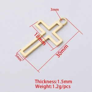 Gold stainless steel hollow cross pendant with detailed dimensions for DIY jewelry making