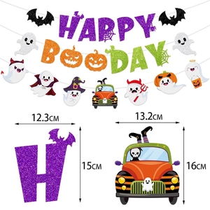 Glittery Happy Booday banner with ghost pumpkin and bat decorations for Halloween parties