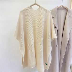 Women Knitted Shawl Poncho Solid Color Thickened Acrylic Imitation Cashmere Ribbed Open Front Cape For Winter Office