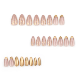Short almond press-on nails with sparkling gold foil and metallic pink French tips design
