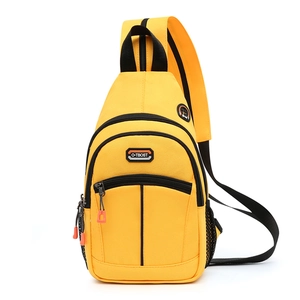 Outdoor yellow canvas chest bag with multiple pockets and earphone hole