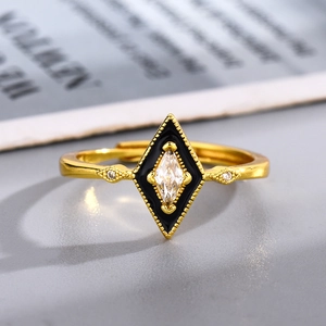 Vintage Geometric Rhombus Copper Adjustable Ring For Women Inlaid Zirconia Gold Plated Artistic Fashion Jewelry Finger Ring