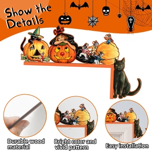 Detail view of durable vintage wooden Halloween door corner decor with vivid pumpkin prints