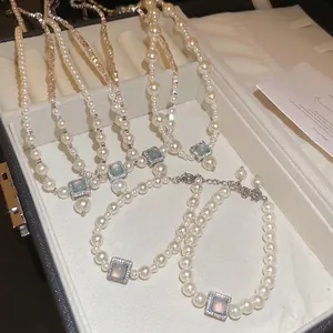 French Style Artificial Pearl Jewelry Set Square Pendant Necklace With Zirconia And Bracelet Ring Elegant Accessories For Women