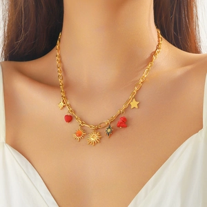 Bohemian Stainless Steel Sun Flower Heart Star Pendant Necklace Retro Gold Plated Rhinestone Clavicle Chain Jewelry For Women