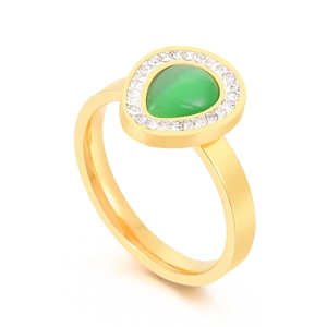 Gold stainless steel oval ring with green gemstone and sparkling white rhinestones