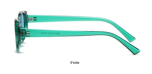 Side view detail of retro green oval sunglasses with clear temples and E2032 model markings