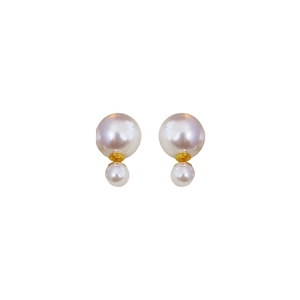 Elegant white double pearl stud earrings with gold finish, front view on white background
