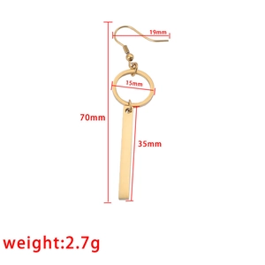 Gold geometric drop earrings with long bar and ring pendant, size 70mm and weight 2.7g