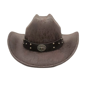Classic dark brown suede western cowboy hat with studded leather band and silver bull logo