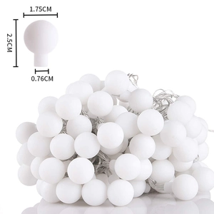 White LED globe string lights for Christmas tree decoration with detailed bulb dimensions