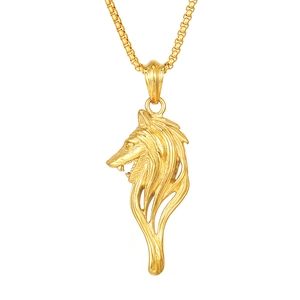 Golden Viking wolf head pendant necklace with vintage stainless steel finish for men