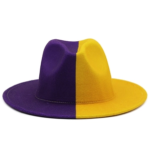 Detailed front view of the purple and yellow two-tone felt fedora hat with a flat brim
