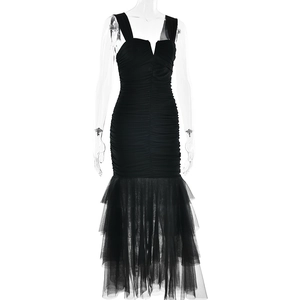 Detail view of the black bodycon dress featuring pleated texture and a mesh fishtail hem