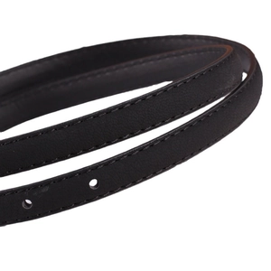Minimalist black faux leather waist belt with fine stitching and silver pin buckle details