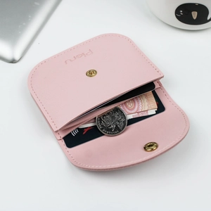 Pink candy-colored PU leather mini card holder and wallet with metal snap closure