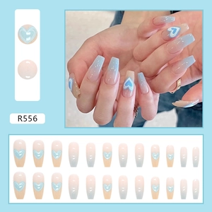 Long gradient press-on nails in blue and pink with cute heart patterns, 24 piece set
