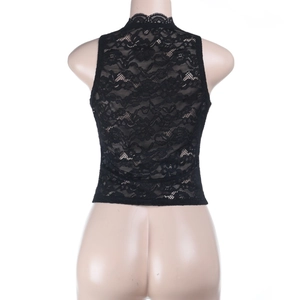 Detailed back view of a black floral lace sleeveless crop top with a stand-up collar
