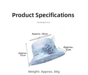 Detail view of foldable sun hat showing mesh flower and 58cm head circumference specs