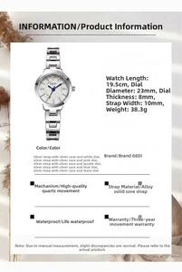 Detailed spec sheet for quartz watch showing dimensions 23mm dial and silver alloy band