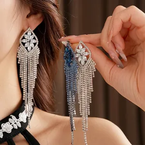 Luxury geometric rhombic tassel earrings with zircons in white and blue colors