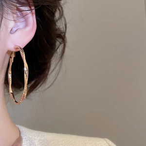 Close-up of model wearing gold hammered circular hoop earrings with twisted metal texture