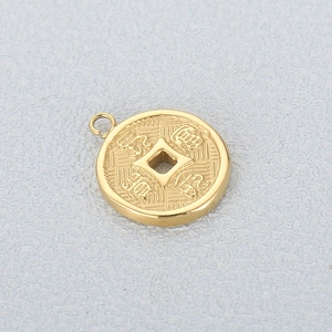 Golden stainless steel round coin pendant with Gongxi Facai relief and hollow design