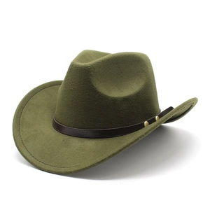 Detail of army green felt cowboy hat featuring brown leather band with gold rivets