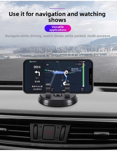 Car dashboard phone mount with adjustable support arms and stable circular base stand