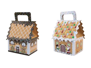 Detail of Christmas gingerbread house candy boxes with handles and Merry Christmas prints