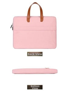 Gedetailleerd achter- en onderaanzicht van de roze 14 inch laptoptas met bruine handgrepen