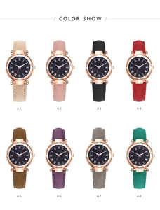 Close-up of starry sky dial watches with Roman numerals in eight different leather strap colors