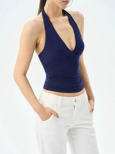 Slim fit dark blue halter neck top with V-neck and open back for summer women's fashion