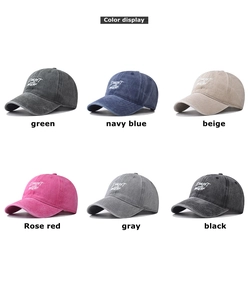 Aperçu détaillé des six couleurs de casquettes en coton délavé avec broderie de lettres