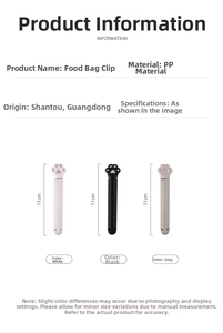 Detailed view of 11cm cat paw food bag clips in white, black, and grey PP material