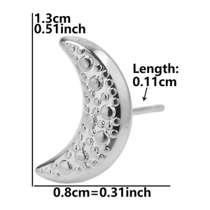 Detail view of silver crescent moon stud earring with textured surface and size dimensions