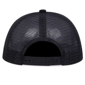 Detail of black hip hop cap featuring breathable mesh and adjustable plastic snap closure