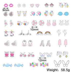 Set of 25 pairs of cute animal and geometric stud earrings for girls in colorful enamel