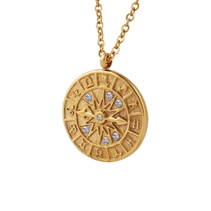 Vintage Zodiac Compass Pendant Necklace 18K Gold Plated Titanium Steel Zircon Celestial Astrology Jewelry For Women