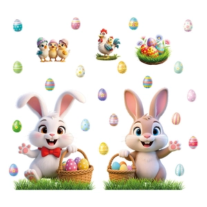 Easter PVC window stickers featuring cartoon bunnies, chicks and colorful eggs on grass