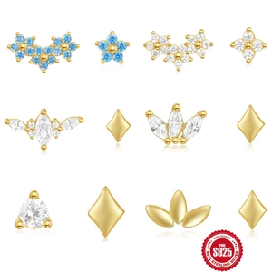925 Sterling Silver Zirconia Stud Earrings Gold Plated Geometric Flower Ear Cartilage Rings For Women Piercing Jewelry Gift