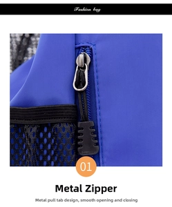 Dettaglio del tessuto blu impermeabile con zip argentata e tirante antiscivolo nero