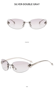 Close-up of Y2K star frameless sunglasses with silver double gray gradient lenses