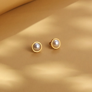 Artificial Pearl Stud Earrings With Round Gold Frame Stainless Steel Elegant Minimalist Jewelry For Women Commuter Style
