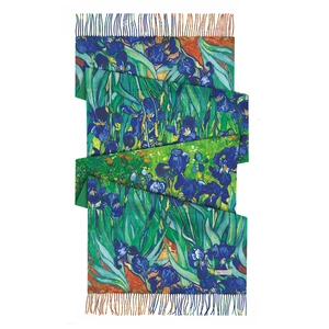 Van Gogh Iris painting cashmere scarf featuring artistic blue flowers and tassel edges