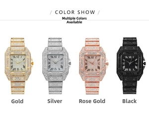 Detailed comparison of square quartz watches with iced-out crystals in four color options