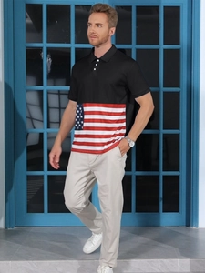Close-up of color-block polo shirt featuring American flag pattern and button neckline